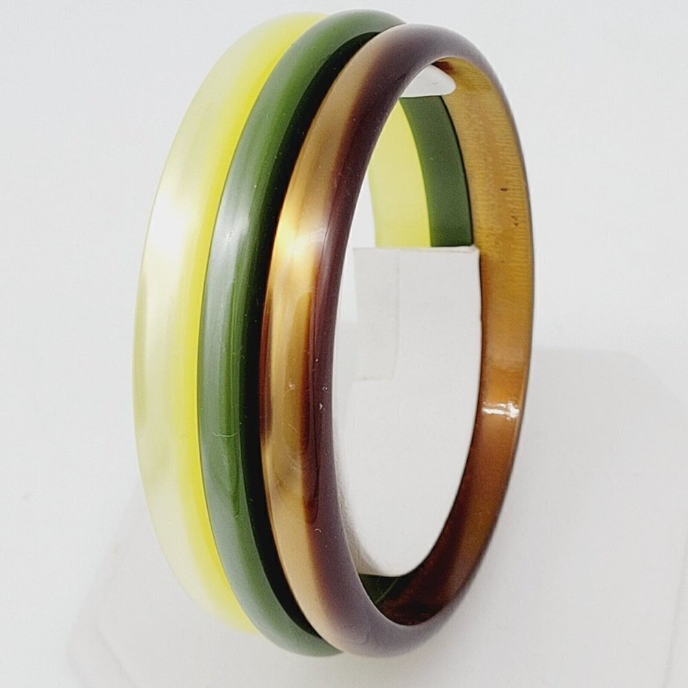 Set of 3 Pearlized Acrylic Bangle Bracelets 8" Neutrals Brown Green Yellow EUC - Picture 3 of 5
